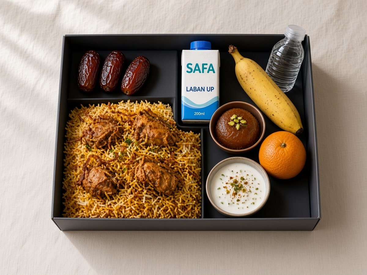 Iftar Meal Box 1 Dubai: chicken biryani with Safa Laban Up, halwa, banana, orange, dates, water, and raita