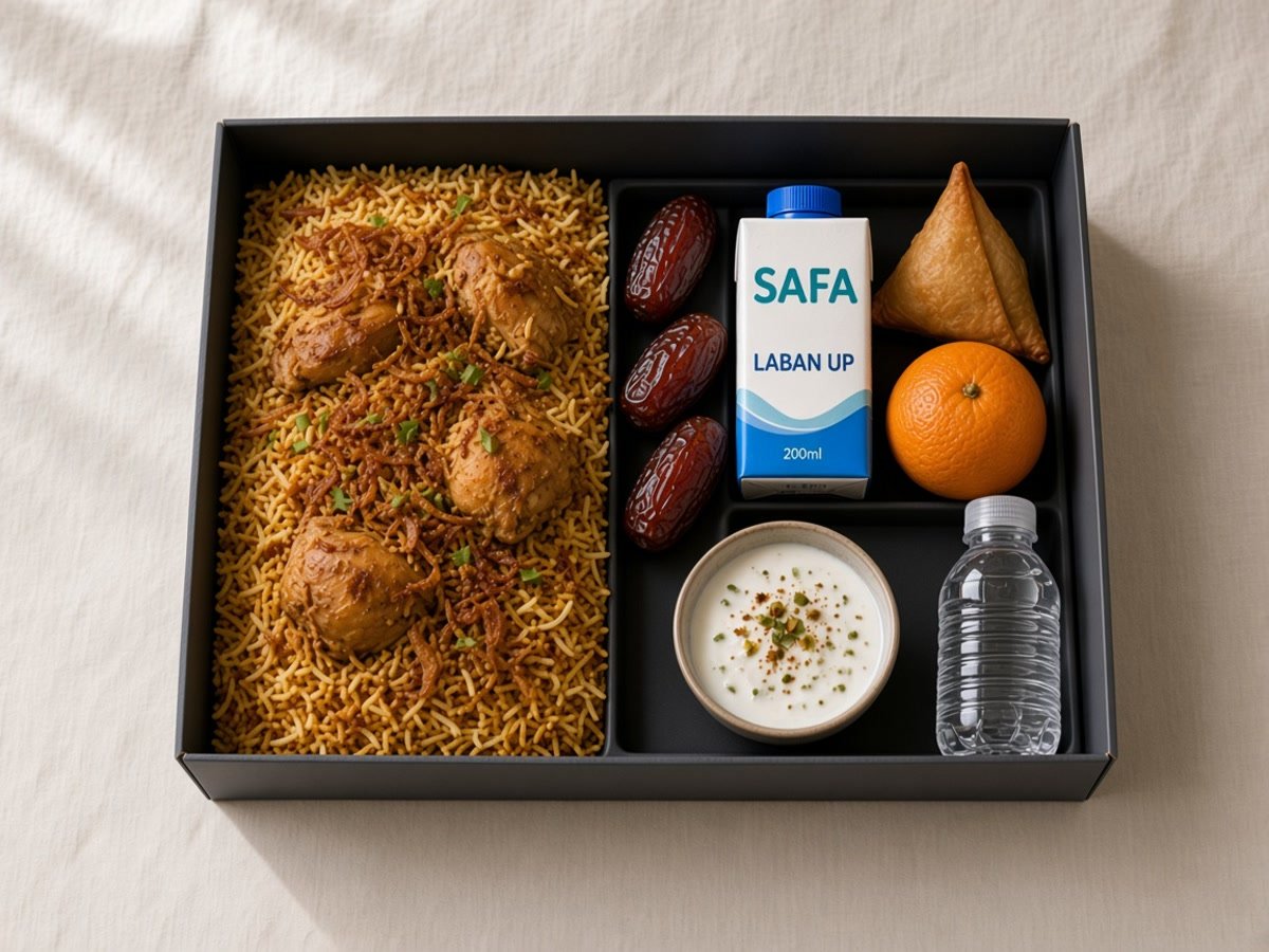 Iftar Meal Box 2 Dubai: chicken biryani with Safa Laban Up, vegetable samosa, orange, dates, water, and raita