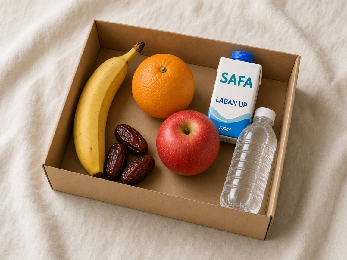 Light Iftar Kit Dubai: banana, orange or apple, Safa Laban Up, dates, and 200 ml water — no rice