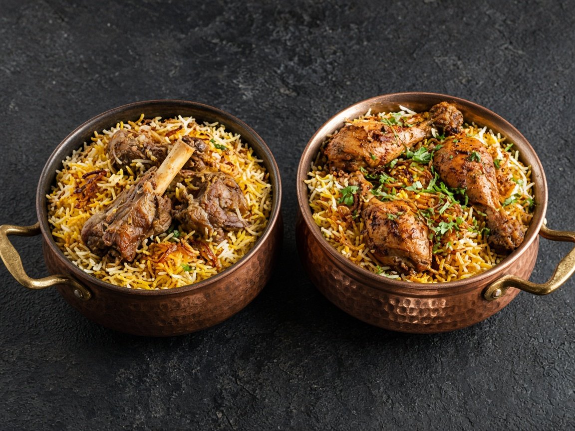 Monthly iftar meal plan Dubai: copper pots of mutton biryani and chicken biryani