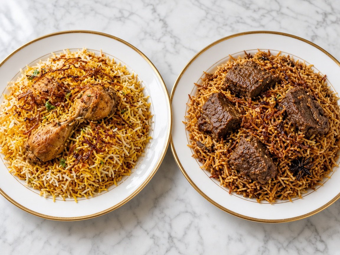 Monthly iftar meal plan Dubai: plates of chicken biryani and beef biryani