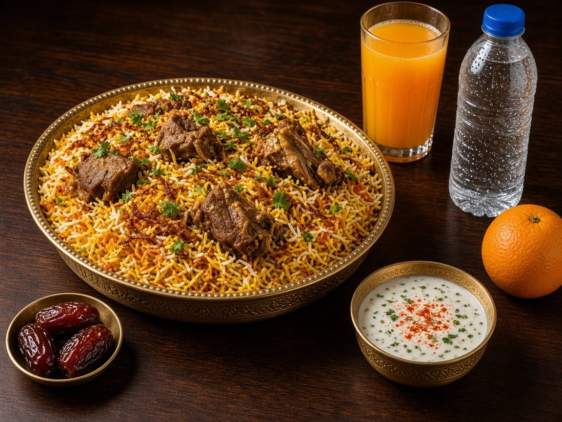 Special Arabi Iftar Kit Dubai: mutton biryani with extra pieces, mango juice, water, dates, orange, and raita